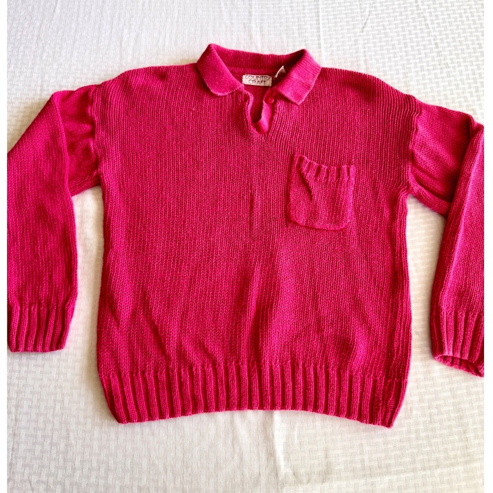 Vintage Country Craft Hot Pink Ramie Cotton Knit Polo Sweater Pink Size 44 XL